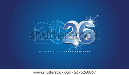 We wish you a happy new year 2026 eve. Architecture construction from line drawing to 3d model numbers of 2026 with sparkle firework on blue background