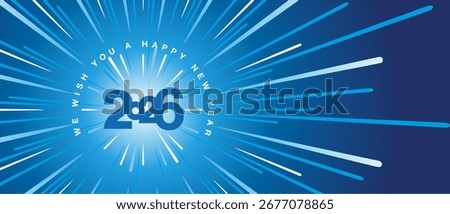 We wish you a Happy New Year 2026 high warp speed space blue type typography with abstract tunnel or speedometer shape on blue white background greeting card
