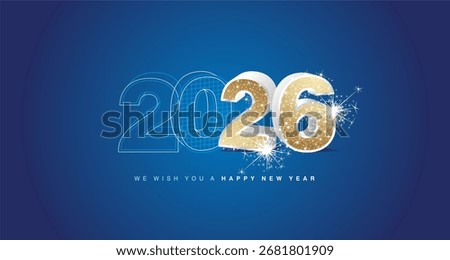 We wish you a happy new year 2026 eve. Architecture construction or mechanical engineering from line drawing to 3d silver gold model numbers of 2026 with sparkle firework on blue background