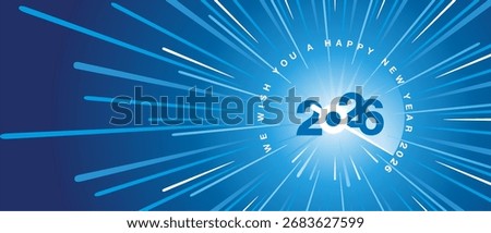 We wish you a Happy New Year 2026. Blue white type typography blue background. high warp speed space with speedometer shape needle moving to the year number 2026. New Year start greeting card