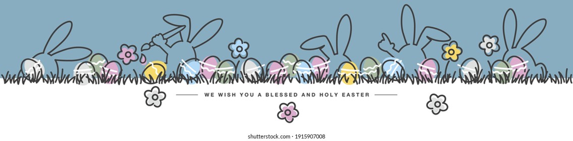 We wish you a holy and blessed Easter line design art bunny and flowers colorful eggs in grass Easter egg hunt spring pastel color palette 2021 greeting card