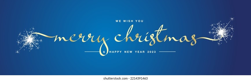 We wish you Marry Christmas and Happy New Year 2023 ribbon shape handwritten calligraphy lettering sparkle firework for 2023 gold blue background banner