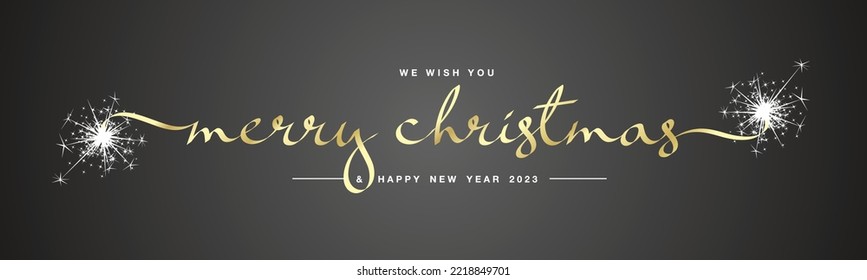 We wish you Marry Christmas and Happy New Year 2023 ribbon shape handwritten calligraphy lettering sparkle firework for 2023 gold black background banner