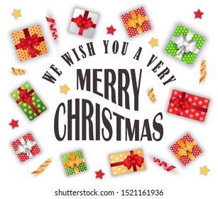 We wish you MChristmas vector. Celebration of winter holidays, greeting with seasonal events. Gifts in boxes with bows and decorative wrapping paper. Present for traditional exchanging flat style
