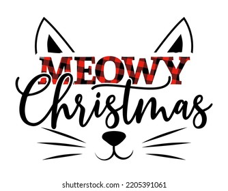 We wish you a Meowy (merry) Christmas - Cat calligraphy phrase for Christmas. Hand drawn lettering for Xmas greetings cards, invitations. Good for t-shirt, mug, scrap booking, gift, printing press.