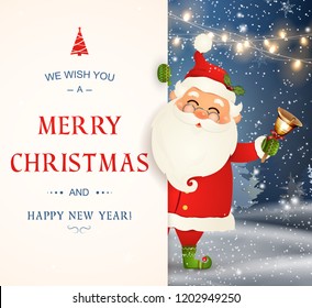 We Wish you a Merry Christmas. Happy new year. Santa Claus character with big signboard. Merry Santa Clause with jingle bell. Holiday greeting card with Christmas snow. Isolated vector illustration.