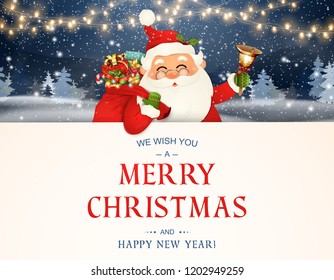 We Wish you a Merry Christmas. Happy new year. Santa Claus character with big signboard. Merry Santa Clause with jingle bell. Holiday greeting card with Christmas snow. Isolated vector illustration.