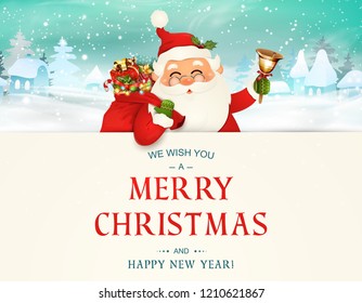 We Wish you a Merry Christmas. Happy new year. Santa Claus character with big signboard. Merry Santa Clause with jingle bell. Holiday greeting card with Christmas snow. Isolated vector illustration.