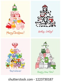 We wish you a Merry Christmas and a happy New Year. Cute holiday cards with cute cats, pandas, birds and pigs in vector. Bright cartoon background with animals christmas tree 
