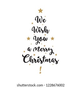 We wish you a merry christmas hand drawn style text in tree shape and golden star decorations. Vintage christmas message.
