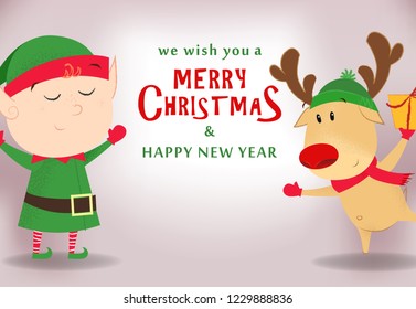 We wish you merry Christmas and happy New Year postcard template design. Excited elf and reindeer on gray background. Vector can be used for greeting cards, banners, flyers and brochures