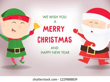 We wish you merry Christmas and happy New Year poster template design. Excited elf and Santa Claus on gray background. Vector can be used for greeting cards, banners, flyers and brochures