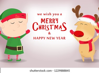 We wish you merry Christmas and happy New Year template design. Positive elf and reindeer on gray background. Vector can be used for greeting cards, posters, banners and brochures