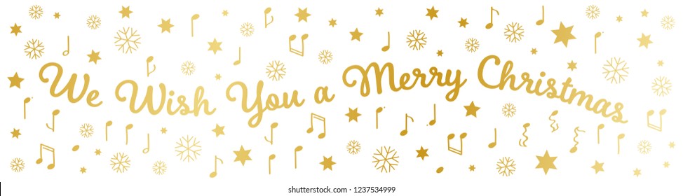 We wish you a merry Christmas, banner, golden letters, stars, notes and snowflakes isolated on white background