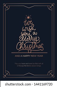 We wish you a Merry Christmas greeting card with rose gold lines and navy blue background. Christmas tree with lettering  and linear frame. Vector illustration