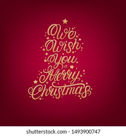 We wish you a Merry Christmas hand written lettering text. Calligraphy quote with gold confetti for greeting cards on red background. Vector illuatration.
