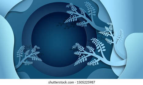 we wish you a Merry Christmas and Happy New Year, Paper art design, Advertising with winter composition in paper cut style,blue tone , Vector illustration, holiday party