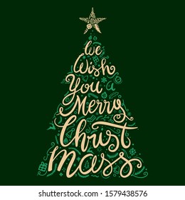 We Wish You a Merry Christmas Holiday Greetings Card with Handwritten Text in a shape of a tree Vector EPS