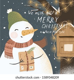 We wish you a merry Christmas and a happy new year. Cute vector illustration of a snowman with a gift near a tree with a garland and a postbox in the winter forest on nature. Illustration for a card