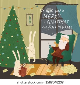 We wish you a merry Christmas and a happy new year! Vector cute illustration of Santa Claus at home in the living room and animal bunnies decorating the Christmas tree on the eve of the holiday. 