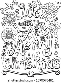 We wish you A Merry Christmas font with present, heart and flower elements. Hand drawn with inspiration word. Doodles art for  Christmas or new year card. Coloring for adult and kids.