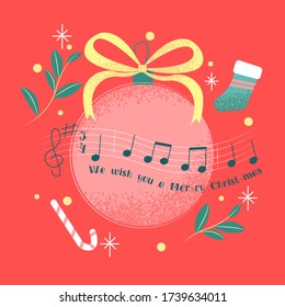 We wish you a merry Christmas - cute vector illustration with musical notes and Christmas decorations - t-shirt print