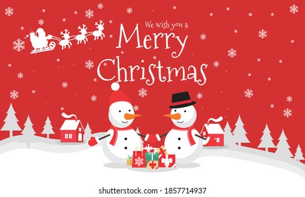 We Wish You a Merry Christmas vector Illustration on red color background.  include Snow man wearing Hat and glove, santa, deer, tree etc. good for banner, card, book, gift, and happiness.