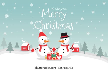 We Wish You Merry Christmas and happy new year vector Illustration on color background.  include Snow man, gift, tree, house, snow, etc. good for banner, card, book, gift, and happiness.