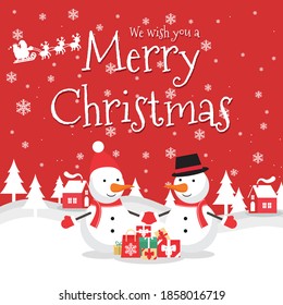 We Wish You a Merry Christmas vector Illustration on red color background.  include snow man wearing hat and glove, house, tree, snow, etc. good for banner, card, book, gift, and happiness.