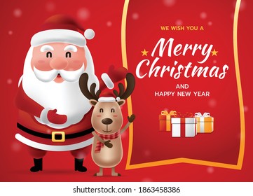 We wish you a Merry Christmas and Happy New Year with Santa Claus holding a Christmas gift box with snow tree and red background. Vector illustration.