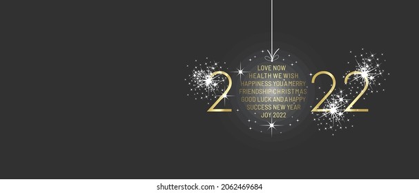 We wish you Merry Christmas and Happy New Year 2022 shining christmas ball firework gold black greeting card vector