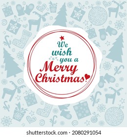 We wish you a Merry Christmas! Vintage card with Christmas tree, ball, gift box. Bright Winter holiday composition. Greeting card, banner, poster. Vector illustration