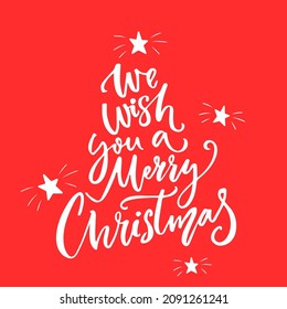 We wish you a Merry Christmas greeting card and poster design vector on red background.