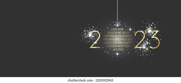 We wish you Merry Christmas and Happy New Year 2023 shining christmas ball firework gold black greeting card vector