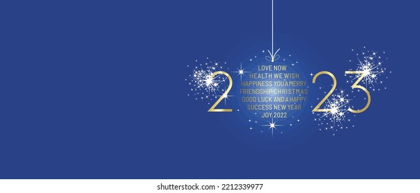 We wish you Merry Christmas and Happy New Year 2023 shining christmas ball firework gold blue greeting card vector