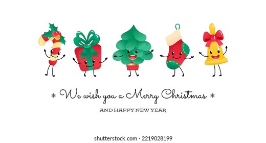 We wish you a Merry Christmas card and Happy New Year card with funny characters. Winter holiday illustration of a candy cane, a gift box, a fir tree, a sock and a bell isolated on a white background.