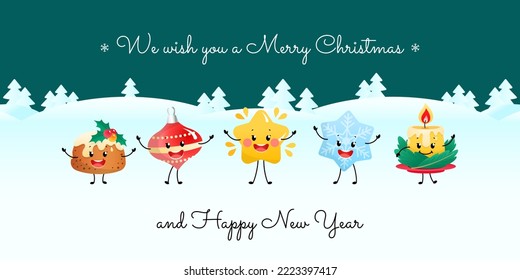 We wish you a Merry Christmas card and Happy New Year. Winter holiday illustration of a pudding, a decoration, a Christmas star, a snowflake and a candle on a background of a night winter landscape.