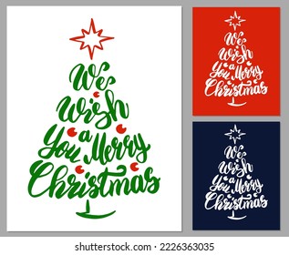 We Wish You a Merry Christmas. Vector calligram hand draw lettering holidays cards. Christmas design for invitation, greeting cards, clothes, banners, flyer.