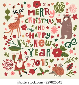 We wish you a Merry Christmas and a happy New Year. Stylish holiday card with cute sheep in vector. Bright cartoon background with holiday symbols