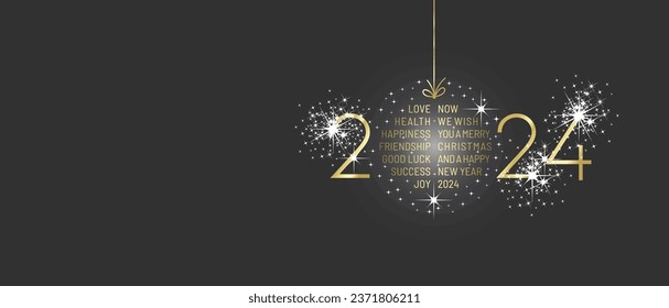 We wish you Merry Christmas and Happy New Year 2024 shining christmas ball wordcloud with sparkle firework golden black greeting card vector