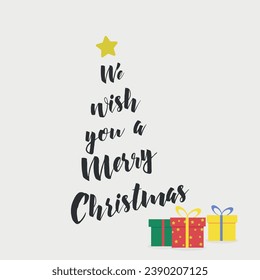 We wish you a Merry Christmas 2024. Greeting card. 2024. Christmas tree with text and gifts. Merry Christmas. Happy New Year. Vector illustration