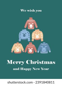 We wish you a merry Christmas and a Happy New Year. Christmas tree made of warm sweaters. Universal Christmas Card