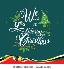 We wish you a Merry Christmas text. Calligraphy text .Christmas Tree with Quote. We Wish You Merry Christmas,  Christmas Greeting Card.