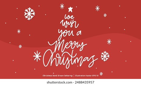 We wish you a merry Christmas brush calligraphy, Handwritten ink lettering, handwriting on red background, Flat Modern design ,Vector illustration EPS 10