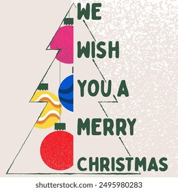 We Wish You a Merry Christmas simple shape greeting card, invite posters, template, Layout, greeting flat design, banner. Modern design typography Christmas tree and balls