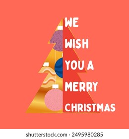 We Wish You a Merry Christmas simple shape greeting card, invite posters, template, Layout, greeting flat design, banner. Modern design typography Christmas tree and balls