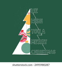 We Wish You a Merry Christmas simple shape greeting card, invite posters, template, Layout, greeting flat design, banner. Modern design typography Christmas tree and balls