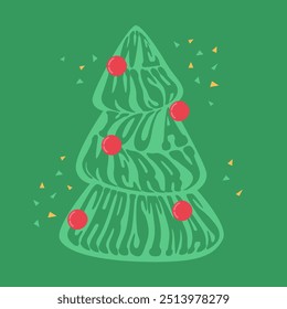 We wish you a merry christmas, quote in a tree. Groovy retro lettering. Greeting card design element. Vector vintage illustration on green background