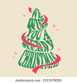 We wish you a Merry Christmas, quote in the Christmas tree. Groovy retro inscription. Greeting card design element. Vector vintage illustration