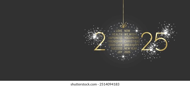 We wish you Merry Christmas and Happy New Year 2025. Shining christmas ball wordcloud wishes for 2025 with sparkle firework golden black greeting card vector